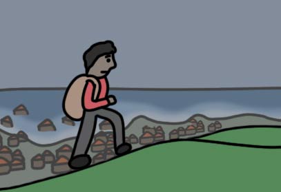 Man walking up hill to escape tsunami