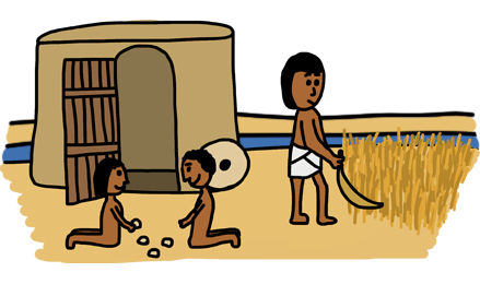 Egyptian farmer and children outside home