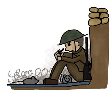WW1 soldier in the trenches with rats